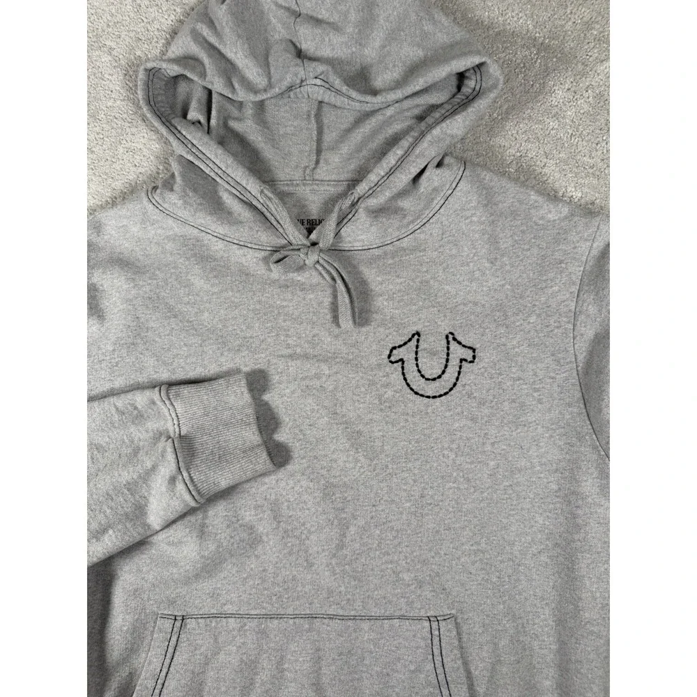 True Religion Hoodie Mens Medium Gray Terry Cloth Back Logo Black Stitching